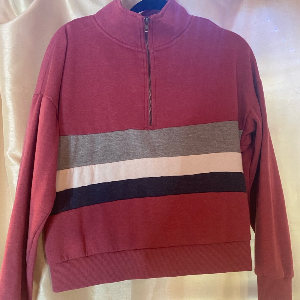 Pink Sweatshirt Zip Up w/ Grey, Navy Blue & White Stripes